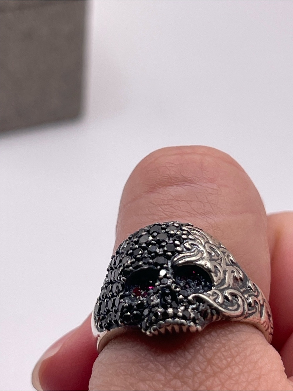 David Yurman Sterling Silver Skull Ring with Black Diamonds and Rubies - Picture 10 of 16